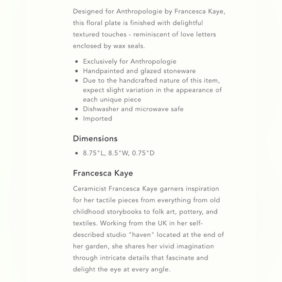 Anthropologie Francesca Kaye Handpainted Glazed Plate New In Box - Picture 5 of 10